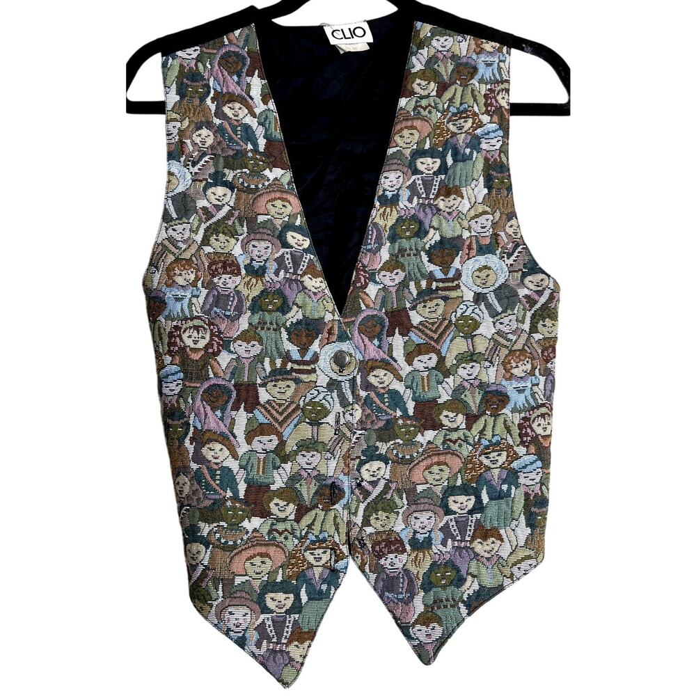 VTG Clio Button Up Vest Women Medium Children of the World Tapestry MADE IN USA